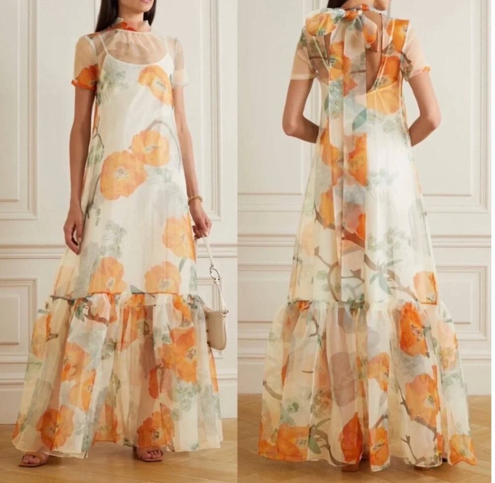 Staud Calluna Floral Poppy Tiered Maxi Dress Cottagecore Boho Chic Orange S